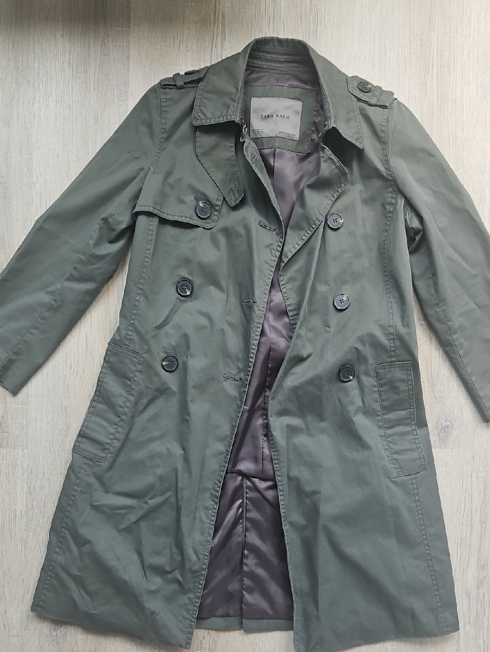 Zara Olive Trench Coat with Double-Breasted Buttons